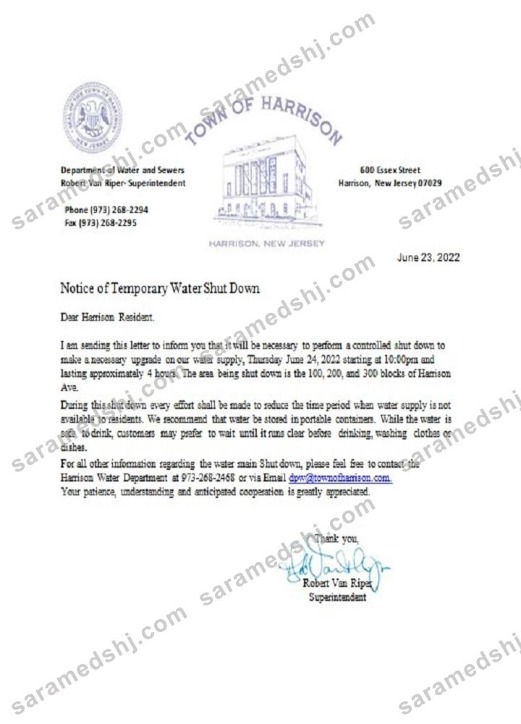 USA New Jersey Town of Harrison water shut off notice